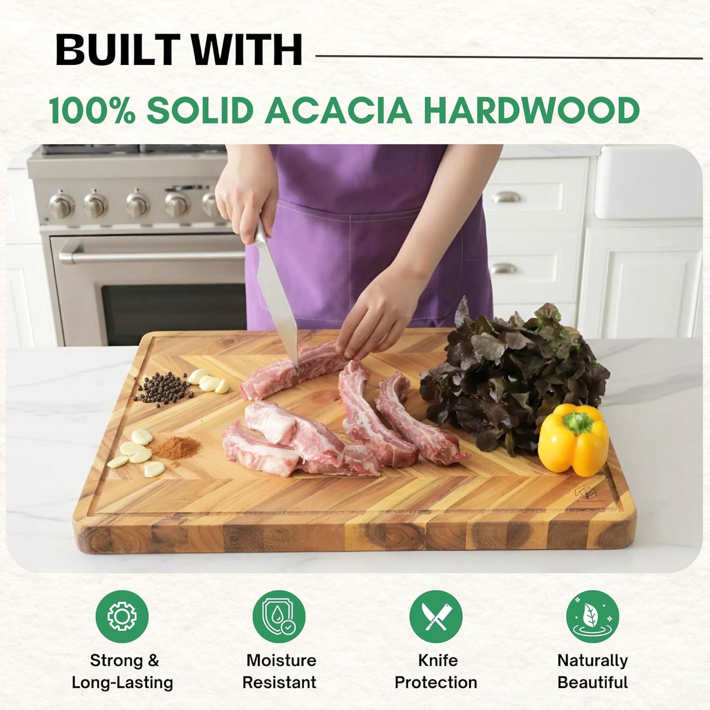 End Grain Acacia Wood Cutting Boards for Kitchen, 1.5 in Thick Butcher Block Construction for Stability, 15 x 10 in Medium Cutting Boards with Gift Box, Juice Groove and Handle