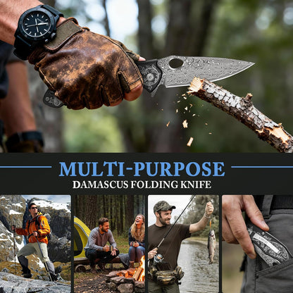KOMWERO Damascus Pocket Knife for Men, VG10 Core Damascus Steel Folding Knife with Wood Handle, Ball Bearing, Thumb Hole, Liner Lock, Sheath for EDC Outdoor Survival Hunting