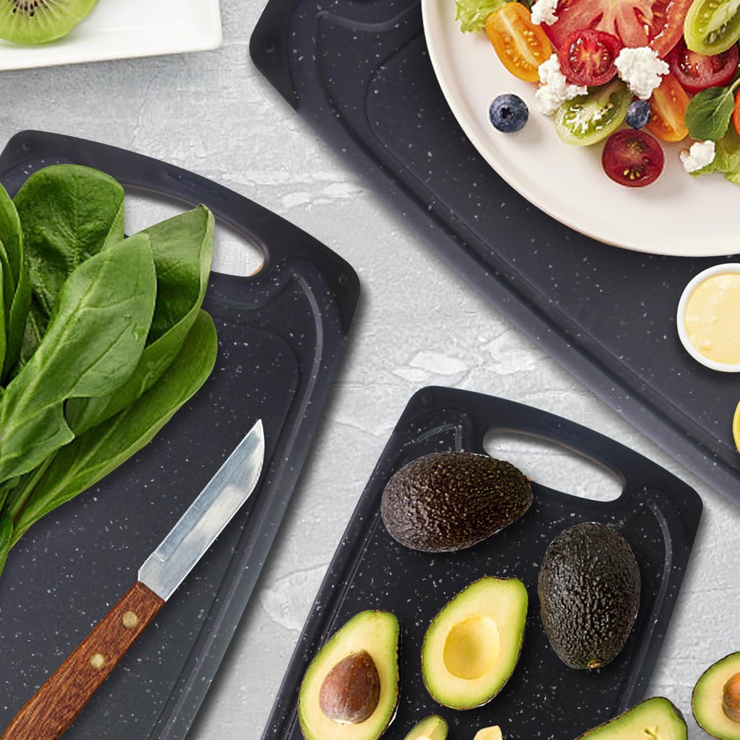 Large-Small Marble Cutting Boards Set of 3, Non Slip, Dishwasher Safe (Black)