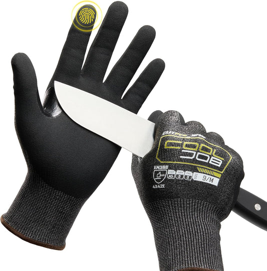 COOLJOB A5 Fiberglass Free Cut Resistant Gloves for Men, Touchscreen, Grip Nitrile Coated, No PFAS, Non Slip, Soft & Durable