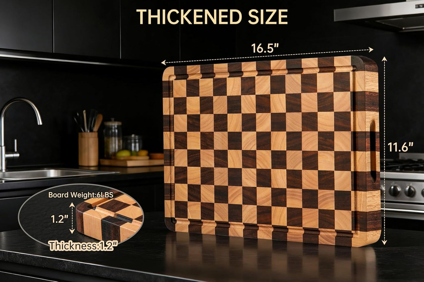 THETCHRY Cutting Boards for Kitchen, Checkered Cutting Board Thickened, Walnut & Rubber Wood Chopping Board with Juice Groove & Handle, Double-sided Butcher Block with Gift Box, 16.5" x 11.6" x 1.2"
