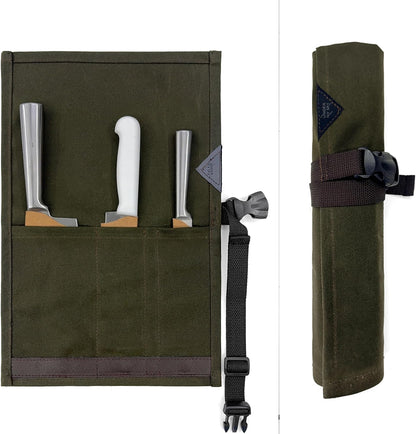 Under NY Sky Knife Roll Case - 3 Slots - Heavy Duty Waxed Canvas Pouch - Leather Reinforced - Portable Bag for Cooking Tools, Utensils, Cutlery Knives, Brushes - Chefs, Kitchen, Travel, Gift - GrayCV