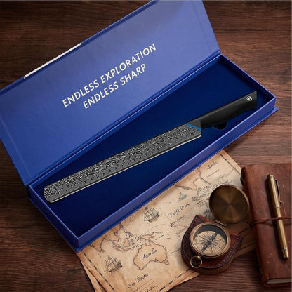 FINTISO Brisket Knife 11.6 Inch, 67-Layer Damascus Steel Carving Knife for Meat, Razor Sharp Japanese Slicing Knives for BBQ Roasts, Turkey, Ergonomic Full Tang G10 Handle - Zeus Series