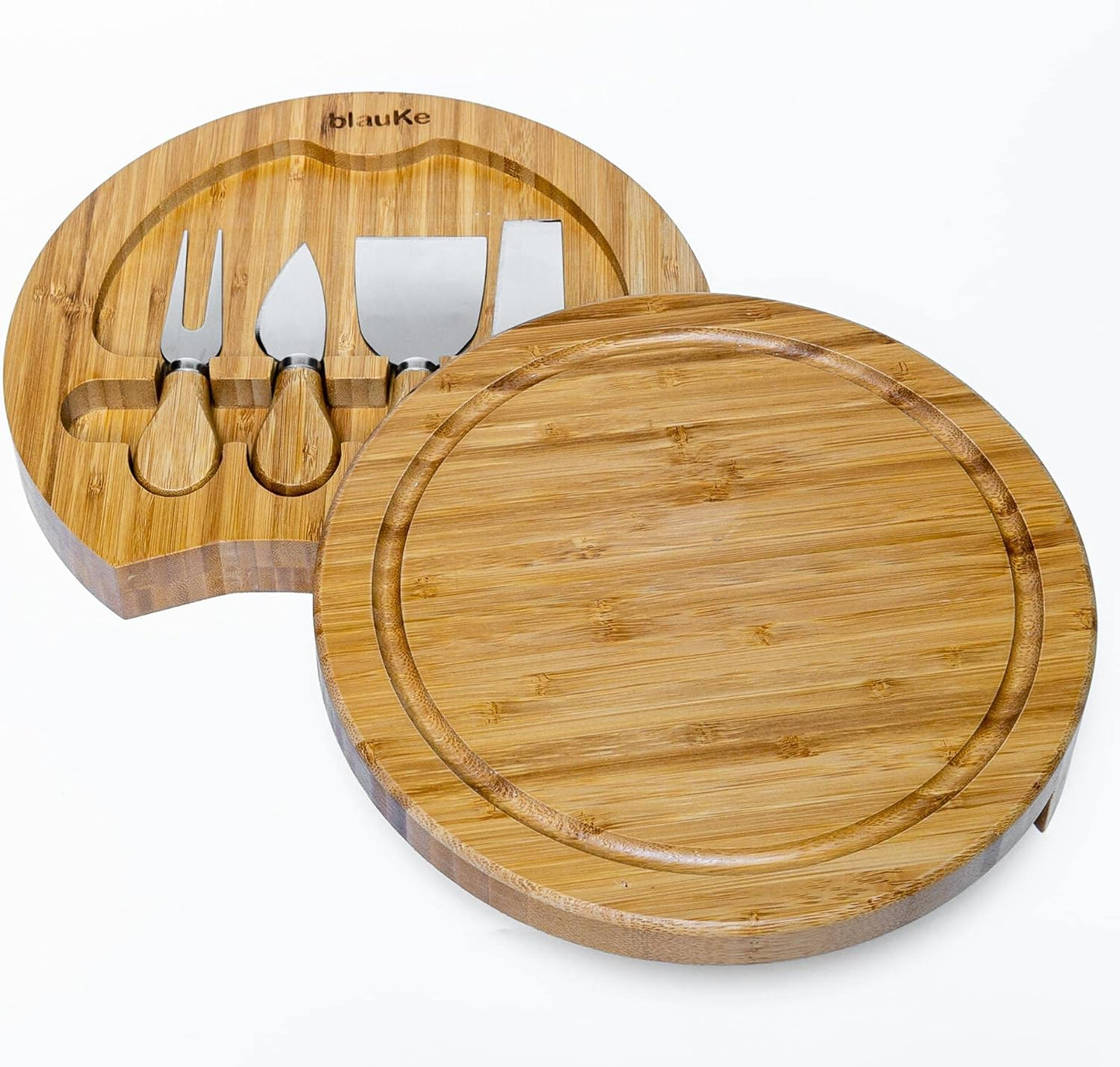 Bamboo Cheese Board and Knife Set 14x11 inch – Wood Cheese Cutting Board, Serving Tray Platter, Charcuterie Board Set with 4 Cheese Knives – BlauKe®