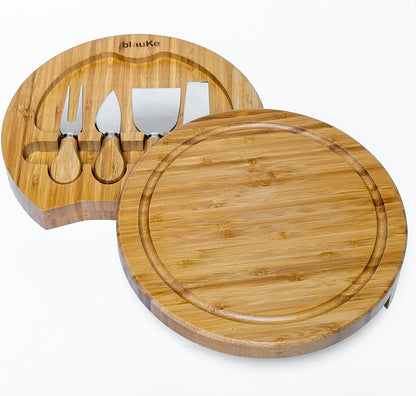 Bamboo Cheese Board and Knife Set 14x11 inch – Wood Cheese Cutting Board, Serving Tray Platter, Charcuterie Board Set with 4 Cheese Knives – BlauKe®