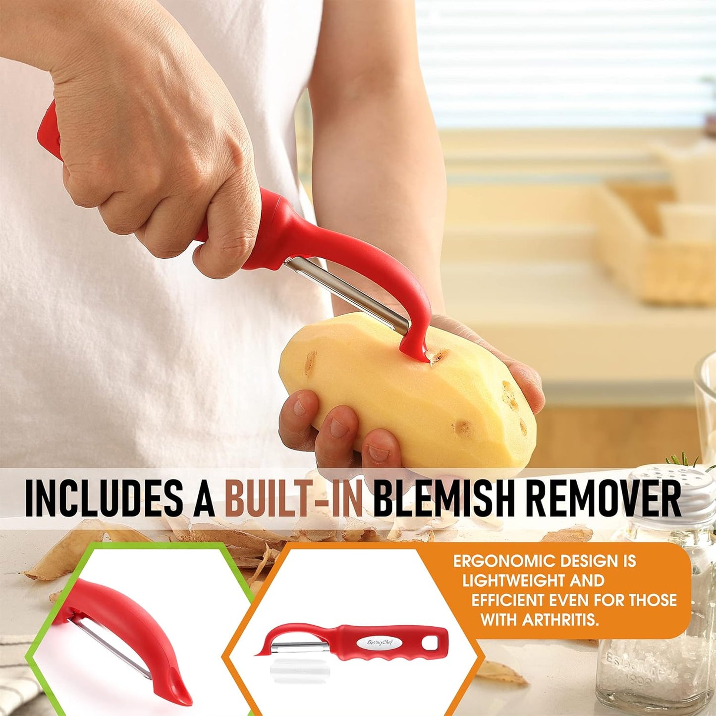 Spring Chef Premium Swivel Vegetable Peeler, Soft Grip Handle and Ultra Sharp Stainless Steel Blades - Perfect Kitchen Peeler For Veggie, Fruit, Potato, Carrot, Apple - Black