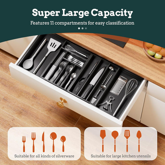 Silverware Organizer Large, Magnetic Connected Expandable 11 Slots Silverware Drawer Organizer From 21 to 37.4 Inches, Adjustable Flatware and Cutlery Holder, Bamboo Utensil Tray for Kitchen Natural