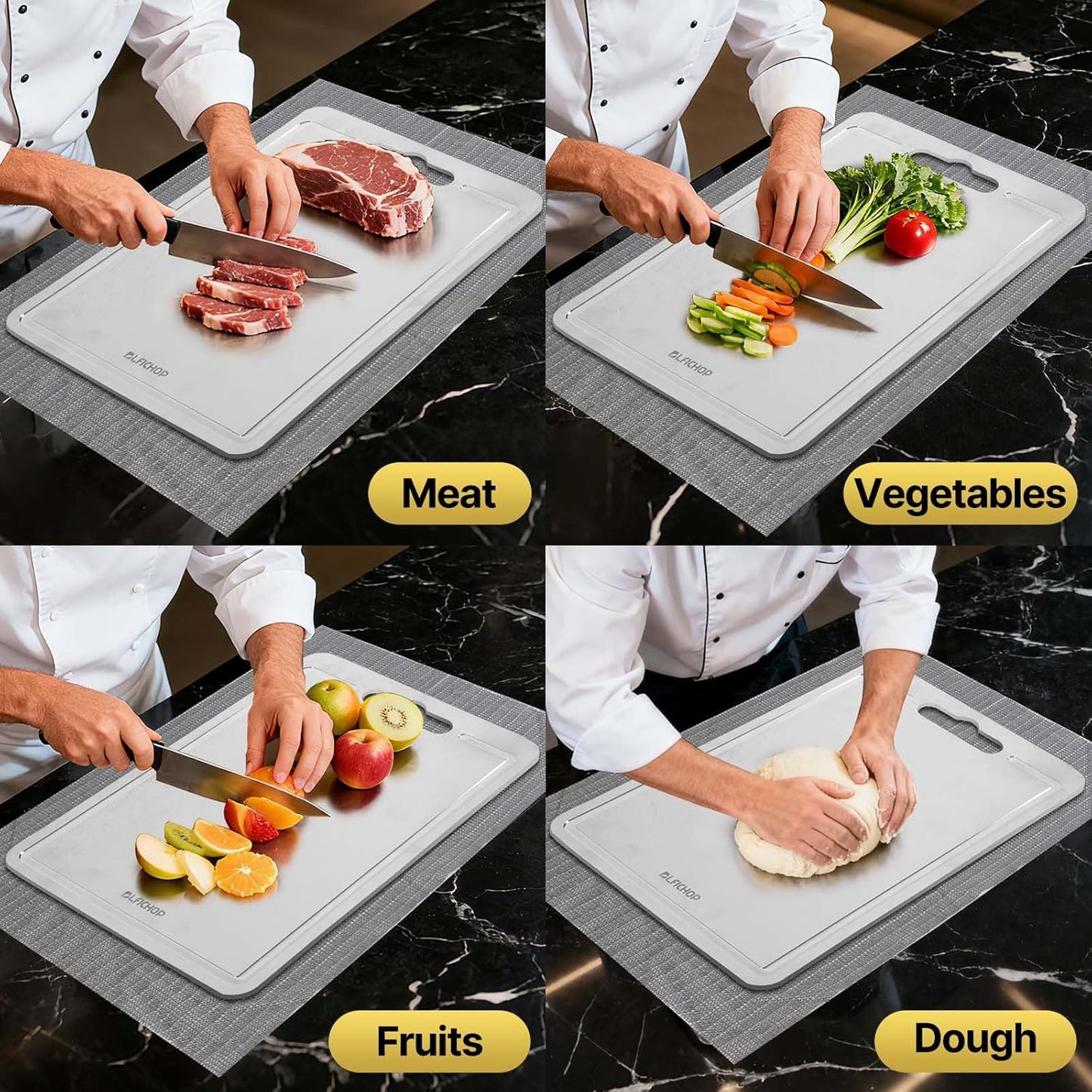 3pcs 100% Pure Titanium Cutting Boards with Juice Groove, Double-Sided Non-Toxic Chopping Boards for kitchen Meat, Vegetables and Fruits, Dishwasher Safe, Grey(9"×12" / 10"×14" / 12"×18")