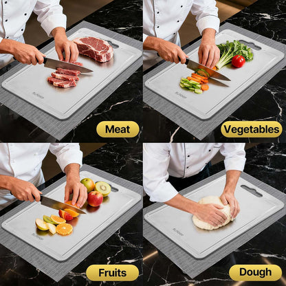 3pcs 100% Pure Titanium Cutting Boards with Juice Groove, Double-Sided Non-Toxic Chopping Boards for kitchen Meat, Vegetables and Fruits, Dishwasher Safe, Grey(9"×12" / 10"×14" / 12"×18")