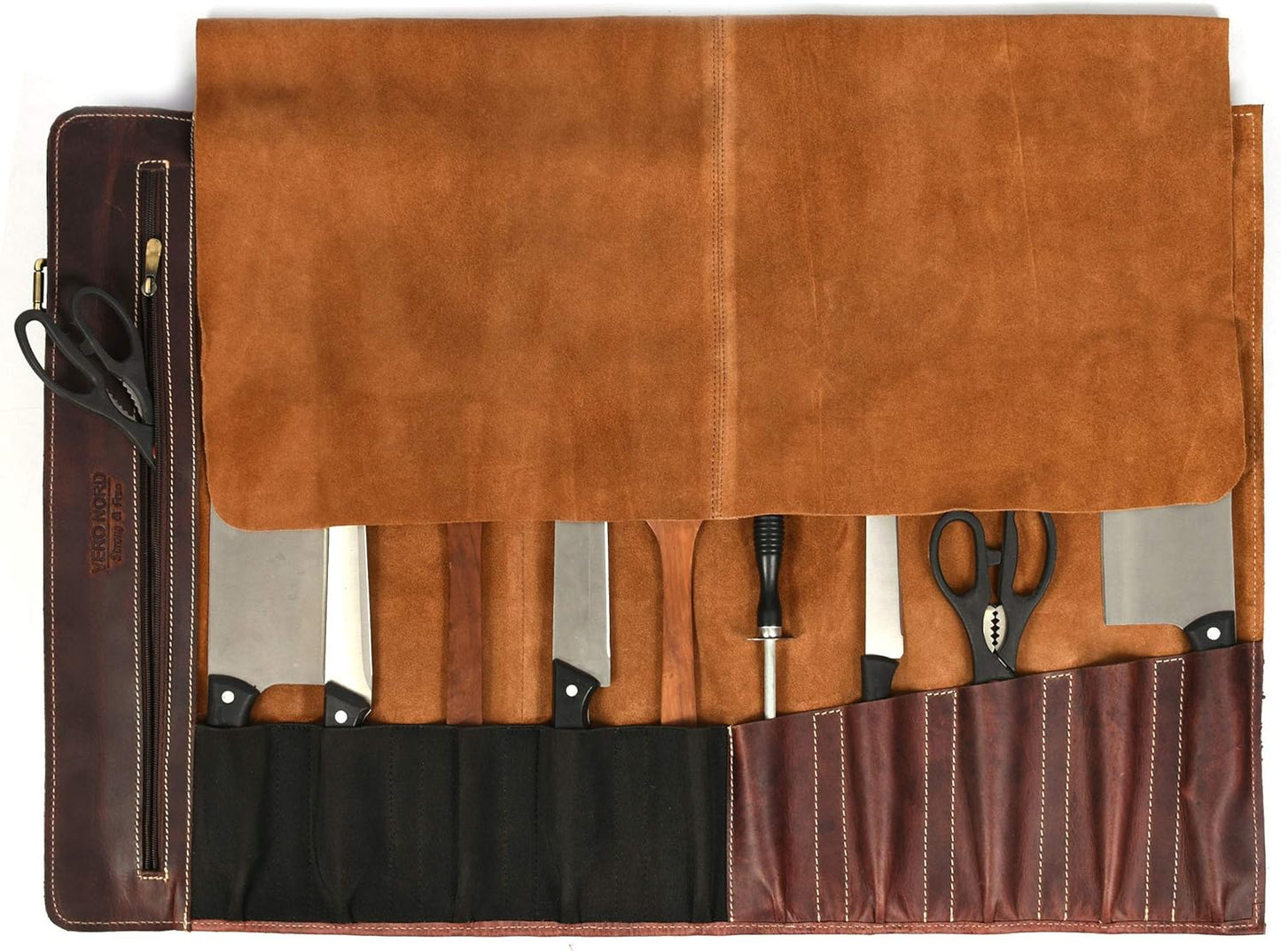 Tolredo Top Grain Buffalo Leather Chef Knife Roll Case 10 Slot and 1 Zipper Pocket for Culinary Storage Portable Bag with Detachable Shoulder Strap (Walnut, 29.5" X 20")