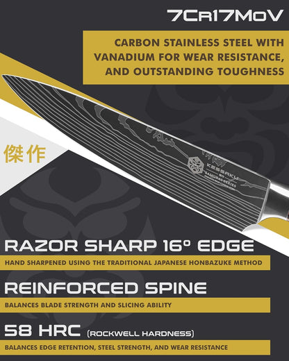 KESSAKU Serrated Utility Knife - 5.5 inch - Samurai Series - Razor Sharp Kitchen Knife - Forged 7Cr17MoV High Carbon Stainless Steel - Wood Handle with Blade Guard