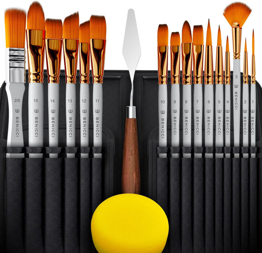 Artist Paint Brush Set of 18 - Includes Spatula Palette Knife, Sponge & Organizing Case - Premium Paint Brushes for Acrylic Painting, Watercolor, Oil - Perfect for Kids, Adults or Professionals