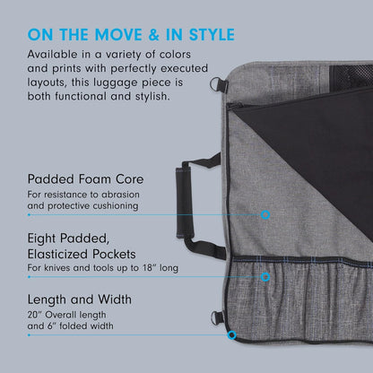 Messermeister Preservation 8-Pocket Knife Luggage, Heather Gray - 8 Elasticized, Reinforced Pockets for Culinary Tools - Holds Up to 18” Knife - Made From 100% Recycled Water Bottles
