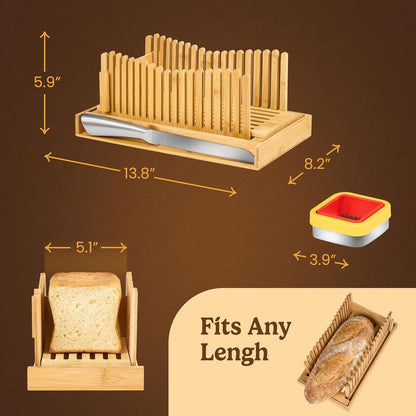 Bread Slicer Guide for Homemade Bread 3-In-1 Set: Sourdough Rounds Slicer, Baguette Cutter & Sandwich Sealer | Bread Loaf Slicing, Adjustable Bamboo Bread Cutter With Knife & Magnetic Slot