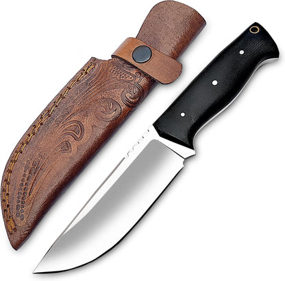 Warivo Damascus Steel Hunting Knife 10 Inch Fixed Blade with Leather Sheath Wood Handle, Skinning Knife for Camping Survival Bushcraft Outdoor Gear for Men