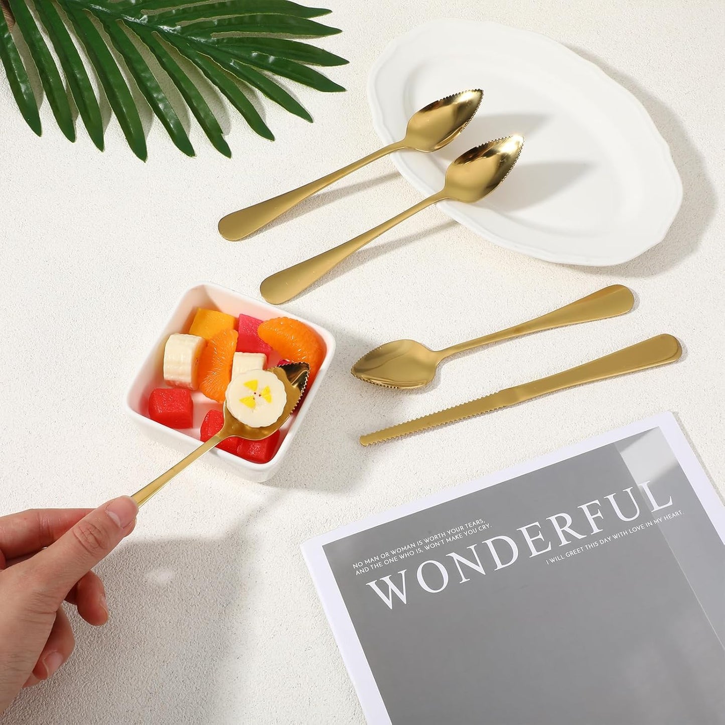 5 Pcs Grapefruit Spoons and Knife Set Gold Stainless Steel Serrated Utensils for Citrus Kiwi Melon Lemon Puree Dishwasher Safe