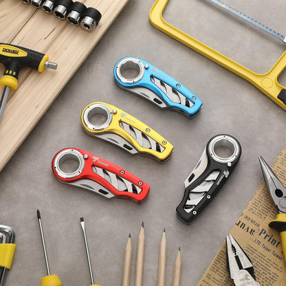 Tondiamo 4 Pcs Folding Pocket Utility Knife Heavy Duty Box Cutter Folding Razor Knife with Anti Slip Finger Loop Easy Change Blades 3 Lock Positions Design (Yellow,Red,Black,Green)