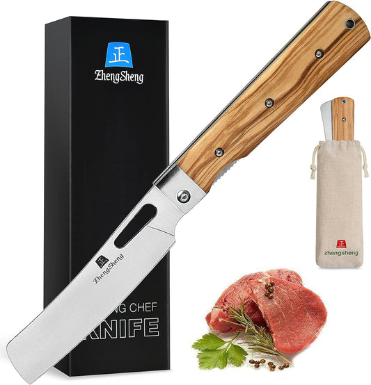 ZhengSheng Folding Chef Knife 4.8” Ultra Sharp 440A Stainless Steel Blade Natural Olive Handle Pocket Foldable Japanese Style Kitchen Knife for Outdoor Camping BBQ trip Cooking