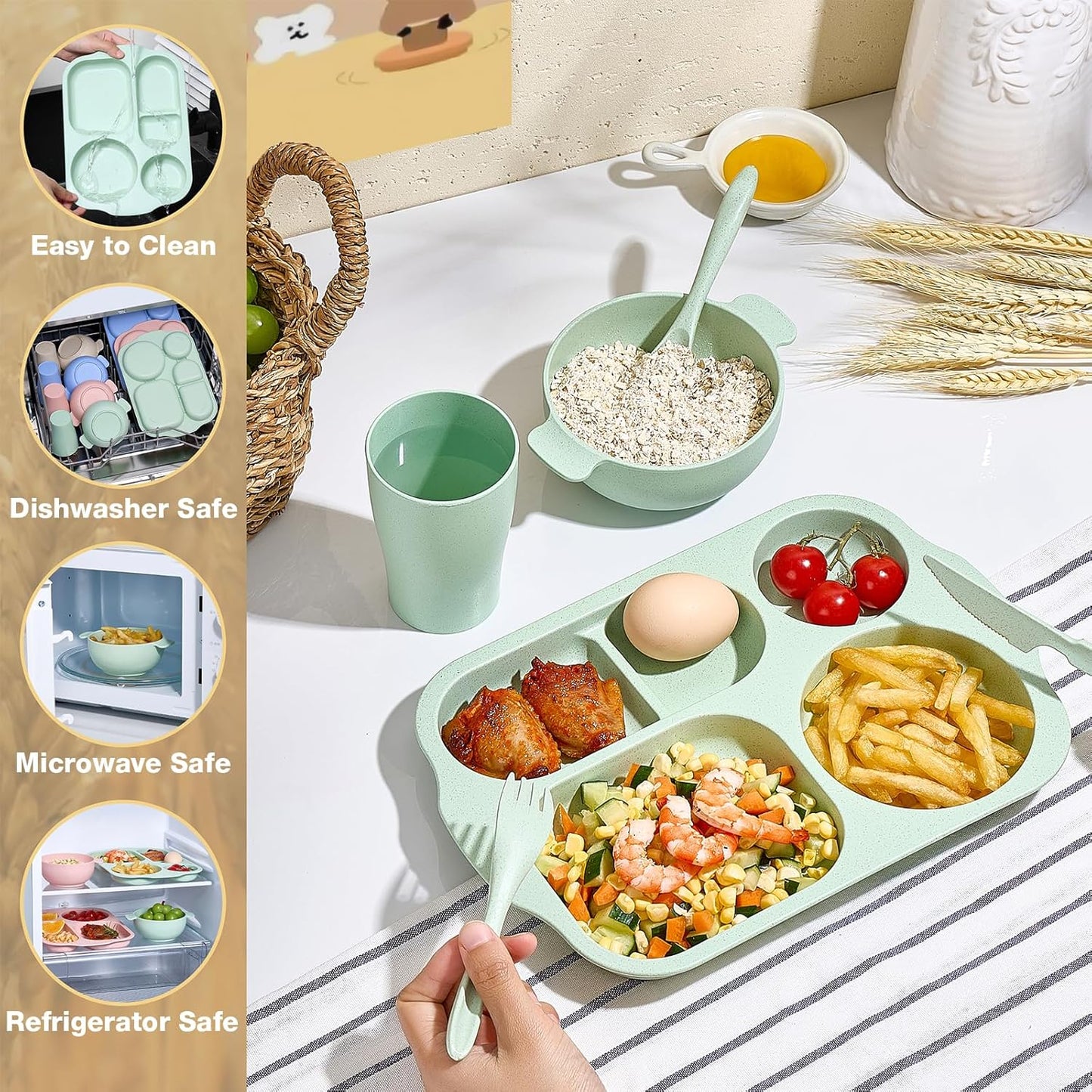Hlukana 24 Pcs Wheat Straw Dinnerware Cutlery Set, Unbreakable Tableware Set, Including Kids Toddlers Divided Plates, Bowls, Cup, Cutlery Spoons Knifes Forks, BPA Free, Microwave Dishwasher Safe