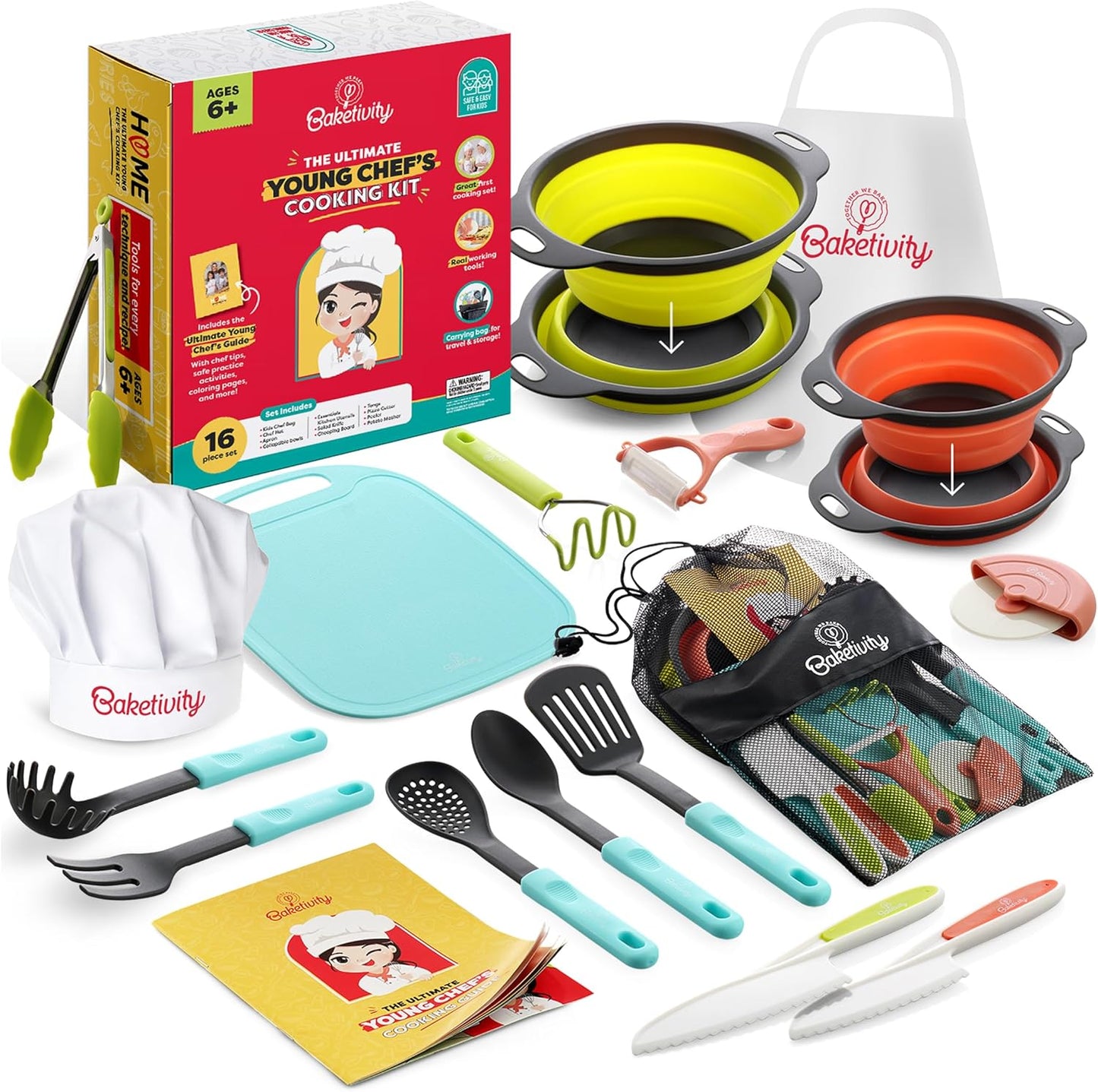 Baketivity Kid Safe Plastic Knives for Real Cooking with Cutting Board, Peeler for Kitchen - Knife Set with Blunt Tip, Dishwasher Safe, BPA Free Kids Knives for Cutting