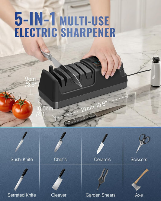 Electric Knife Sharpener, 5-in-1, 3 Rotational Speed Adjustable Electric Knife Sharpener for Straight/Serrated/Ceramic Knives, Scissors, Chef Knives, Axes, Grey H01KS06
