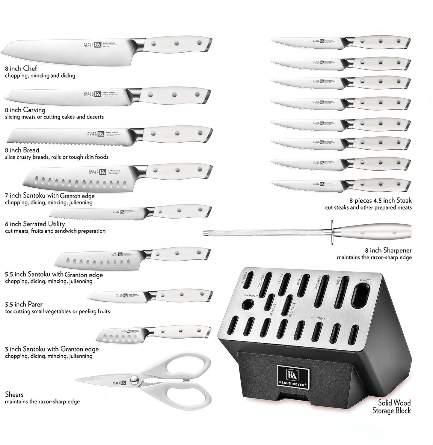 Klaus Meyer 19-Piece Knife Block Set with Sharpener, High Carbon German Stainless Steel (Stahl), Full-Tang Handles, Kitchen Knife Set (Black)
