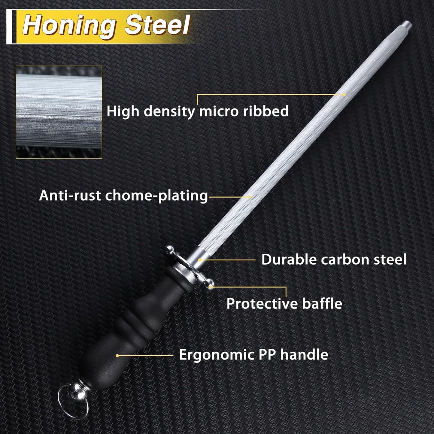 Professional Knife Sharpener Rod, 15 Inch Honing Steel, Kitchen Knife Sharpening Steel, Carbon Steel Sharpening Rod with Ergonomic Handle, Honing Rod for Chef Knive, Kitchen Gift for Butcher