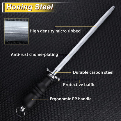 Professional Knife Sharpener Rod, 15 Inch Honing Steel, Kitchen Knife Sharpening Steel, Carbon Steel Sharpening Rod with Ergonomic Handle, Honing Rod for Chef Knive, Kitchen Gift for Butcher