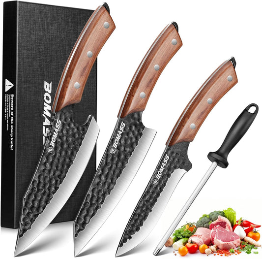 Kitchen Knives, Hand Forged Japanese Knife Set 3Pcs, High Carbon Chef Knife & Santoku Knife & Boning Knife & Honing Rod for Home Kitchen, BBQ, Outdoor Cooking