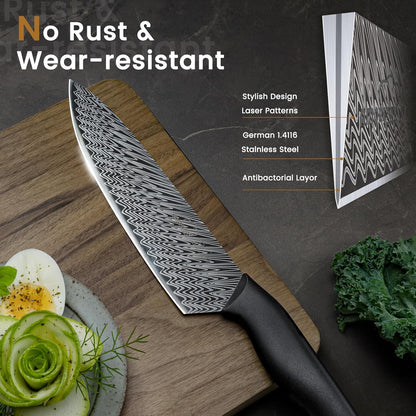 Amorston 15-Piece Kitchen Knife Set with Built-in Sharpener Block, German High-Carbon Stainless Steel Knives, Laser-Etched Blades, Dishwasher Safe, Ergonomic Handles, Elegant Gift for Modern Kitchens