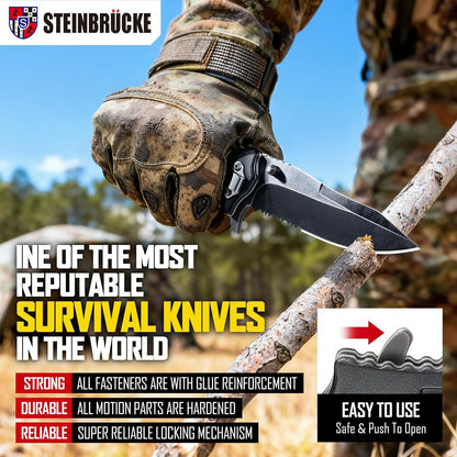 Steinbrucke Tactical Knife Pocket Knife Folding Stainless Steel 8Cr13Mov 3.4'' Blade, with Reversible Clip - Good Gift for Hunting Camping Survival Outdoor and Everyday Carry
