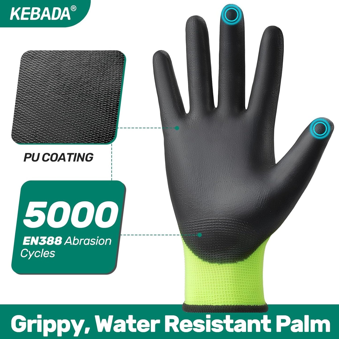 Kebada W1 Work Gloves for Men and Women, PU Coated Safety Gloves with Grip, Touchscreen, Ideal for Warehouse Package Handling, Construction, Gardening, 12 Pairs Gray Large