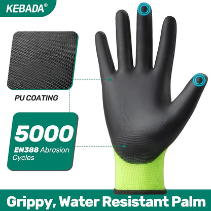 Kebada W1 Work Gloves for Men and Women, PU Coated Safety Gloves with Grip, Touchscreen, Ideal for Warehouse Package Handling, Construction, Gardening, 12 Pairs Gray Large