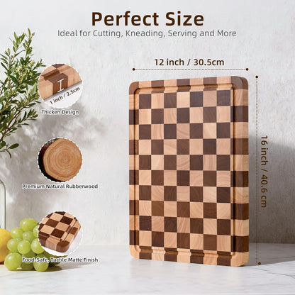 Checkered Cutting Board for Kitchen - Solid Wood End Grain Checkerboard Chopping Board with Handle & Juice Groove, Double Sided for Cooking, Serving and Decor, Rectangular 16" x 12" x 1"