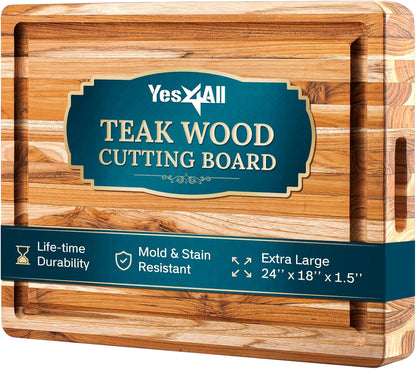 Yes4All Durable Acacia Cutting Boards for Kitchen, [17''Lx13''Wx1.5” Thick] Medium Edge Grain Cutting Board, Pre Oiled Wood Cutting Boards, Thick Chopping Board w/Juice Grooves and Easy Grip Handle