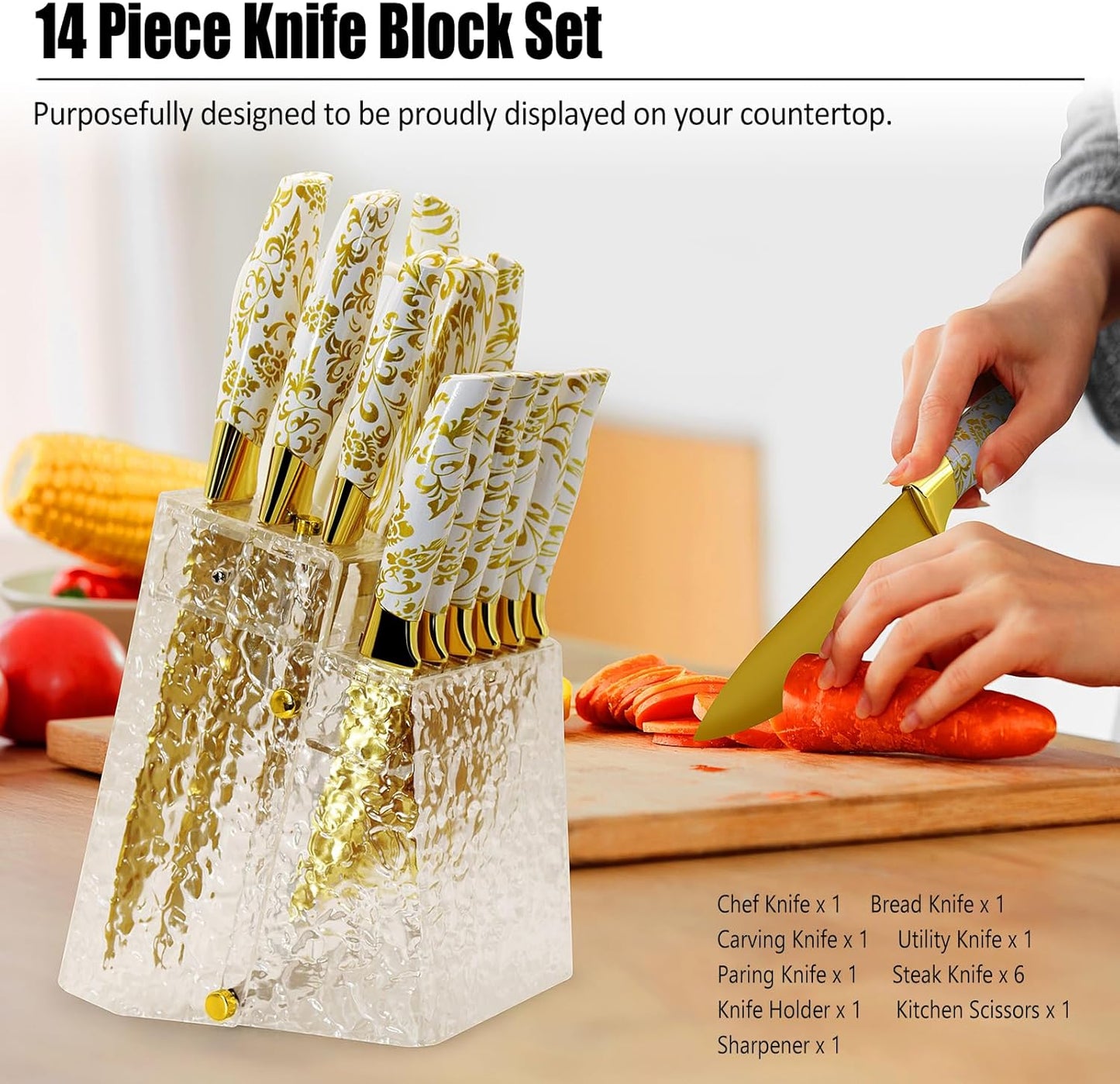 Kitchen Knife Set Non Stick Knives with Block, Serrated Steak Knife, Chef Knife, Bread Knife, Scissors, Sharpener, 14Pcs Stainless Steel Ultra-Sharp Cutlery Block Sets with Titanium Coated Blade