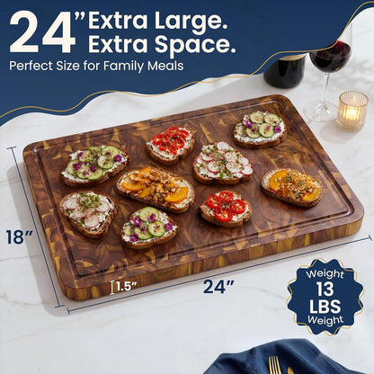 HOMESTEAD End Grain Acacia Wood Cutting Board for Kitchen 23x18x1.5 in, Large Butcher Block Chopping Board for Meat Vegetables with Juice Groove, Handles and Knife-Friendly Surface