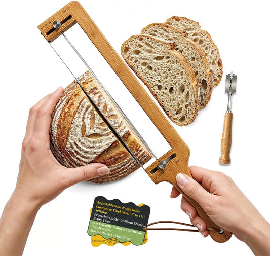 Adjustable Bread Knife & Slicer for Homemade Bread and Sourdough Loaves, Serrated Stainless Blade, 1/4- to 2-Inch Thickness Guide, Includes Bread Lame Scoring Tool