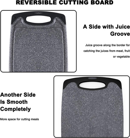 Viretang Plastic Cutting Boards Set of 3 for Kitchen, Thick Chopping Board with Deep Juice Grooves, Non‑Slip Feet, Easy Grip Handle, BPA Free, Dishwasher Safe,Black