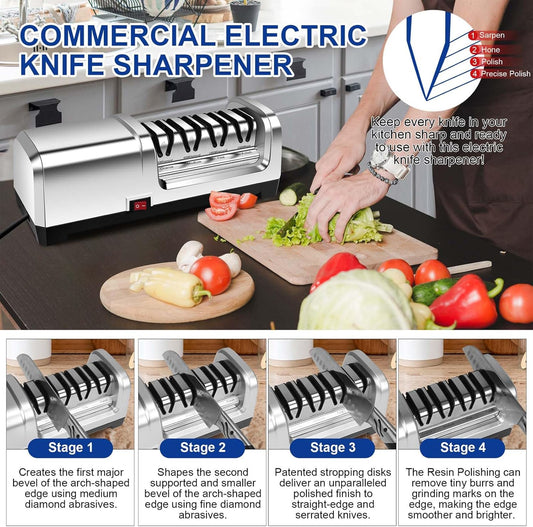 YBSVO 4-Stage Professional Electric Knife Sharpener - Heavy Duty Diamond Sharpening System for Straight & Serrated Knives - 20° Precision Angle Guides & Quiet Motor for Kitchen & Chef Use