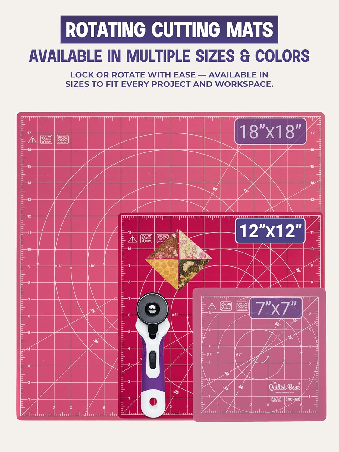 The Quilted Bear Rotating Cutting Mat 12" x 12" - Locking & Rotating Self Healing Cutting Board for Sewing, Fabric & Quilting - 360 Degree Sewing Supplies Mat for Craft Table (Pink)
