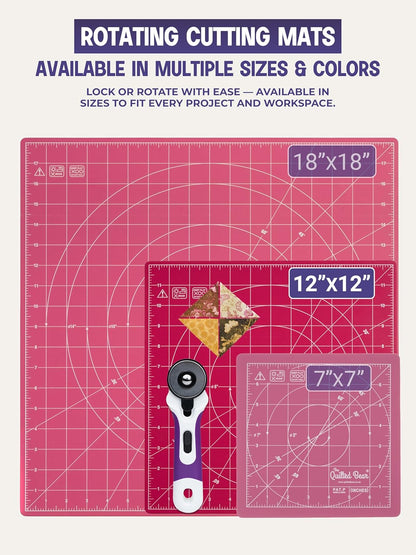 The Quilted Bear Rotating Cutting Mat 12" x 12" - Locking & Rotating Self Healing Cutting Board for Sewing, Fabric & Quilting - 360 Degree Sewing Supplies Mat for Craft Table (Pink)