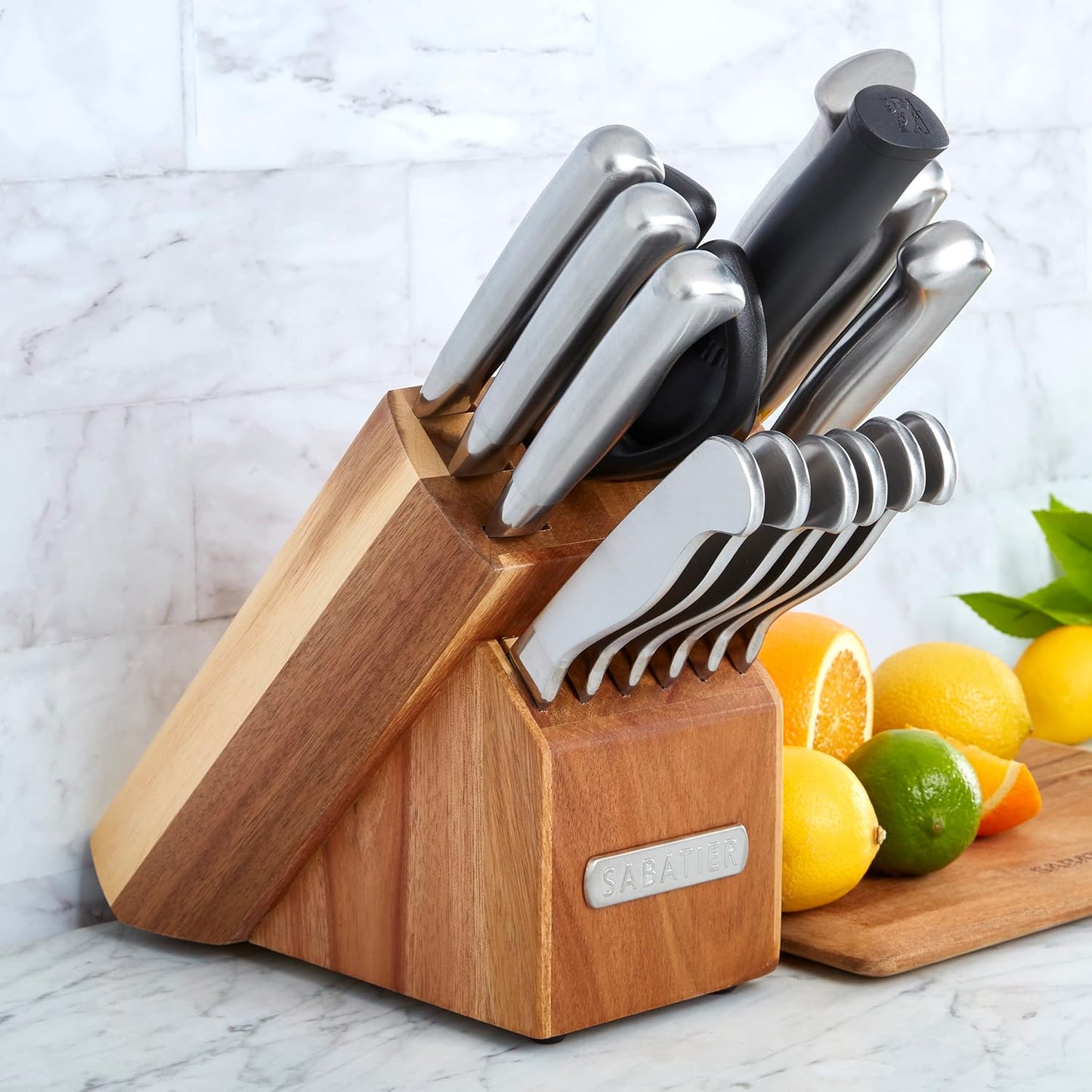 Sabatier 15-Piece Forged Triple Rivet Knife Block Set, High-Carbon Stainless Steel Kitchen Knives, Razor-Sharp Knife set with Acacia Wood Block, White Handles