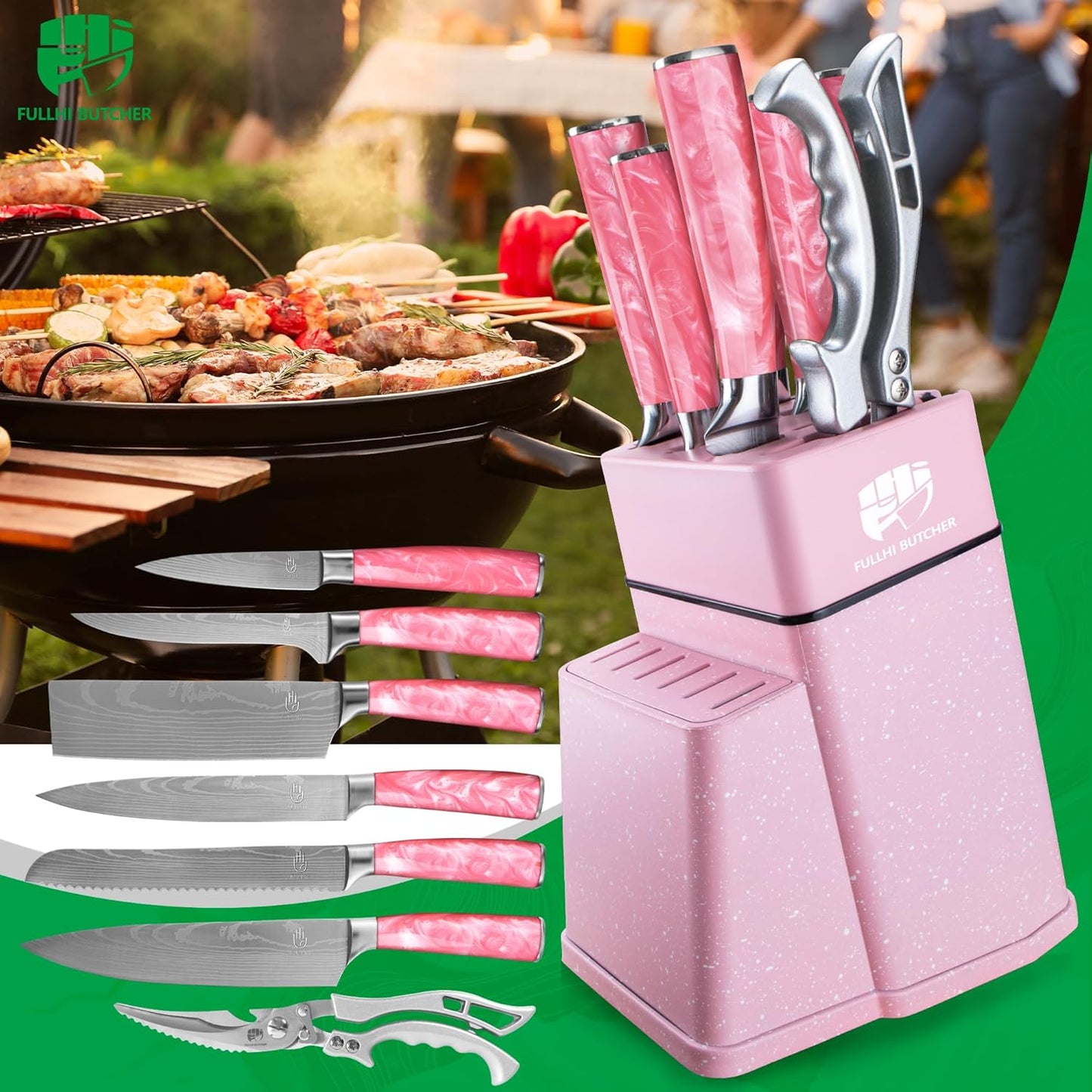 FULLHI 8pcs block Knife Set,chef's Knves Set with Block and Sharpener, Kitchen Knife Set,Multi-colour Handle, Gifts for Men Women