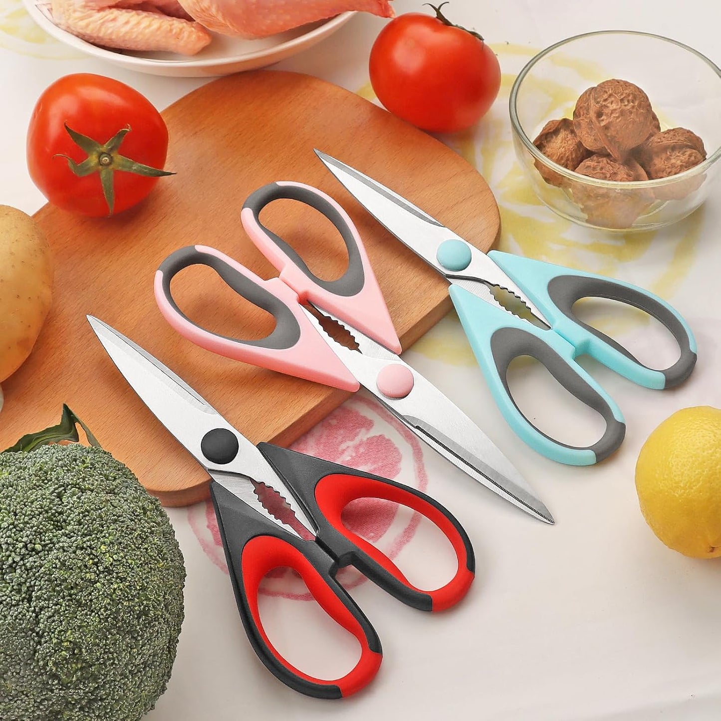 3-Pack Modern Stainless Steel Kitchen Scissors, Soft Grip Handle, Multi-Purpose Heavy Duty, Black, Red, Blue