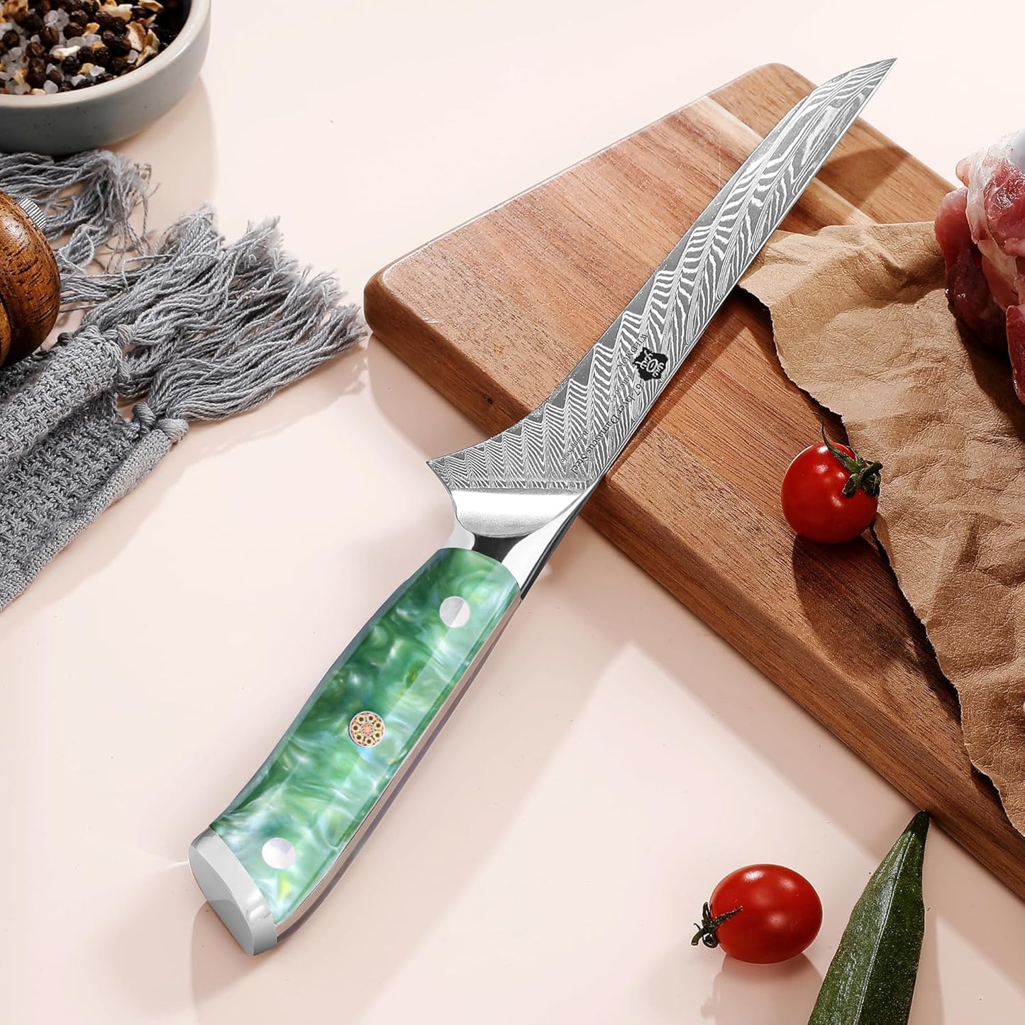 WILDMOK Damascus Boning Knife, 7 inch Super Sharp Fillet Knife, Japanese Damascus Steel, Full Tang Resin Handle, Includes Gift Box
