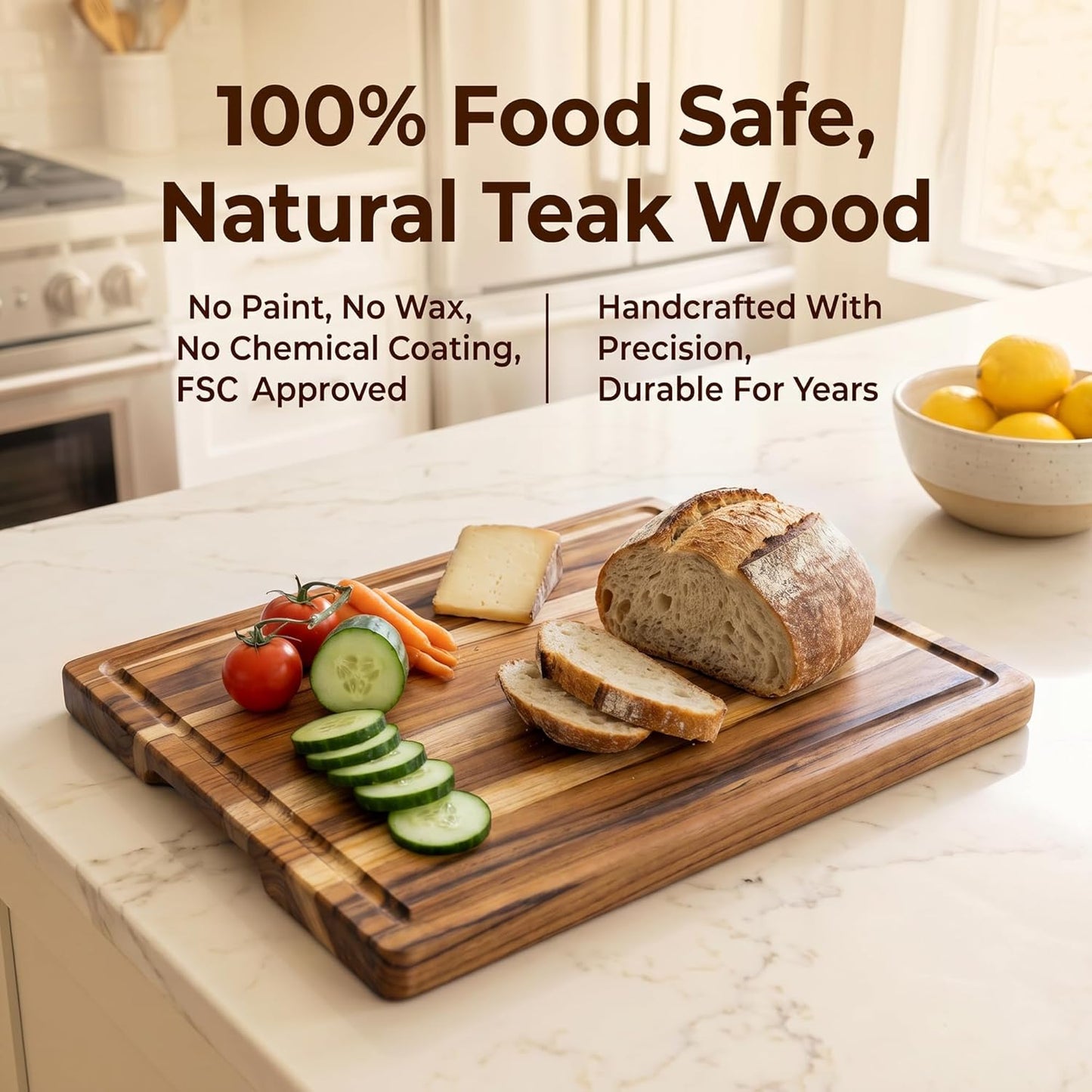THETCHRY Teak Wood Cutting Boards for Kitchen, Wooden Cutting Board with Handles, Wooden Chopping Board with Juice Groove, Charcuterie Butcher Block for Meal Prep & Serving, 12.9" x 9.8"