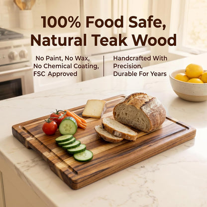 THETCHRY Teak Wood Cutting Boards for Kitchen, Wooden Cutting Board with Handles, Wooden Chopping Board with Juice Groove, Charcuterie Butcher Block for Meal Prep & Serving, 12.9" x 9.8"