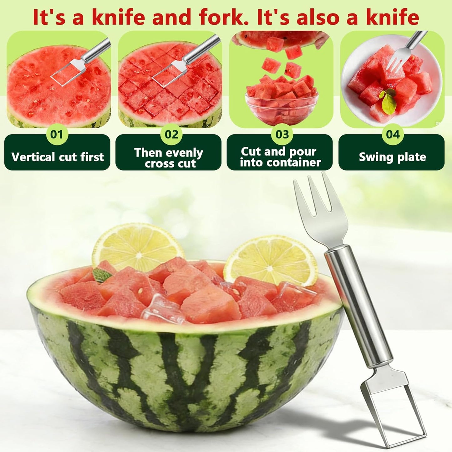 Watermelon Cutter, 2-in-1 Stainless Steel Fruit Cutter, Dual Head Watermelon Fork Slicer Tool, Summer Fruit Cutting Kitchen Gadget for Home (2PCS)