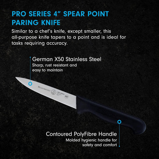Messermeister Pro Series 4” Spear Point Paring Knife - German X50 Stainless Steel & NSF-Approved PolyFibre Handle - 15-Degree Edge, Rust Resistant & Easy to Maintain - Made in Portugal